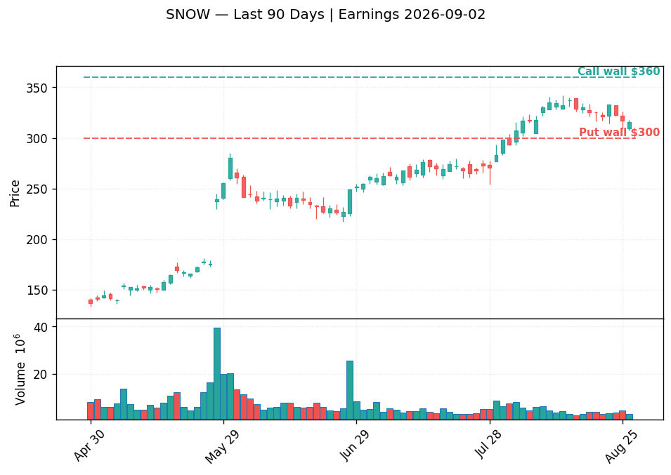 SNOW price chart with options gamma levels ahead of 2026-09-02 earnings